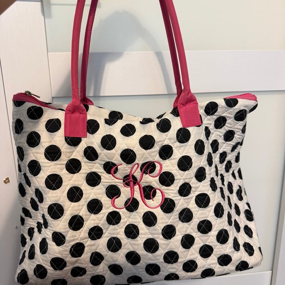 Belvah Quilted Tote Bag Black White Polka Dot Pink Monogram K Shoulder Bag